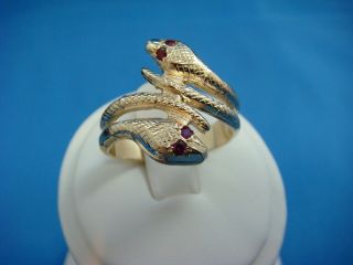 Vintage 14k Yellow Gold Double Snake Ring With Ruby Eyes,  8.  7 Grams,  Size 11