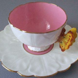 Antique Aynsley English Bone China Cup Saucer Butterfly Handle Pink Inside B1199
