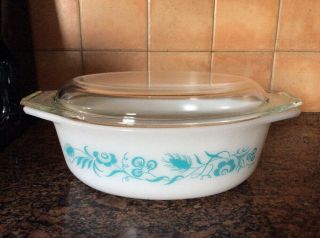 Vintage Pyrex Covered Oval Casserole Dish Bowl Blue Meadow With Lid