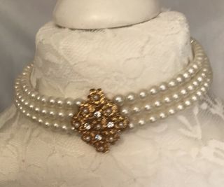 Vintage Pretty Faux Pearl Choker Necklace With Gold Flower/rhinestones Wedding