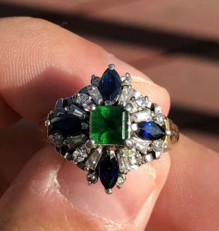 Vintage Platinum 18k Gold Natural Diamond Sapphire & Emerald Ring 1.  25ctw 12g