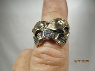 Vintage 10 K Gold Mourning Ring - Back To Back Skulls With.  25 Ct Diamond
