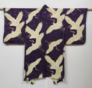 0723n04z690 Antique Japanese Kimono Silk Long Haori Dark Purple Flying Crane
