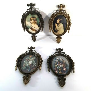 Small Ornate Metal Frame Oval Pictures Set Of 4 Vintage Floral & Girls Italian