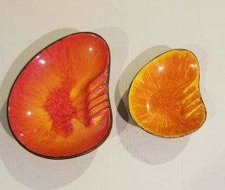 2 Vintage Treasure Craft Hawaii 1963 Orange Yellow Lava Glaze Tiki Ashtray 