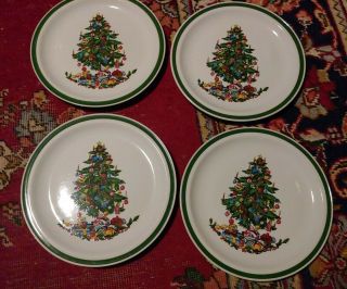 Set Of 4 Vintage Yamaka Noel Stoneware 10.  5 " Dinner Plates Christmas Tree Japan
