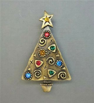 Rare Vintage Signed Jj Rhinestone Christmas Tree Brooch Pin