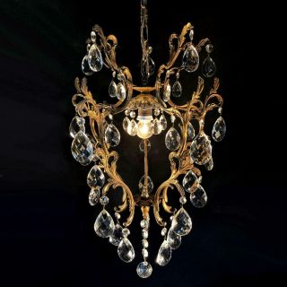 Lovely Antique French Crystal Brass Cage Chandelier Light Hall Lamp Lantern