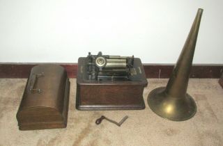 Antique Oak Edison Standard Cylinder Phonograph W/ Horn Crank