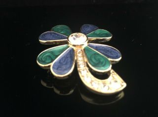 Vintage Trifari Blue Turquoise & Rhinestone Shamrock Clover Flower - Pin Brooch