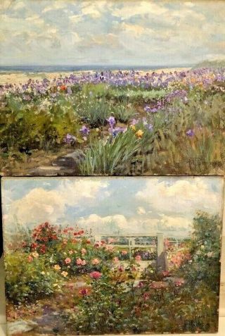 2 Antique Tonalist Oil Paintings Hal Robinson - Flowers By The Sea & Fence 15x20