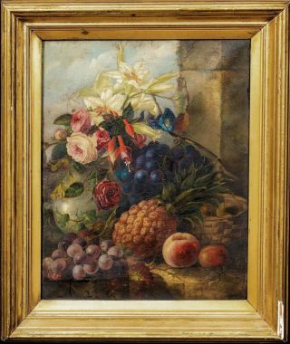 Large 19th Century English Still Life Fruit & Flowers Eloise Harriet Stannard