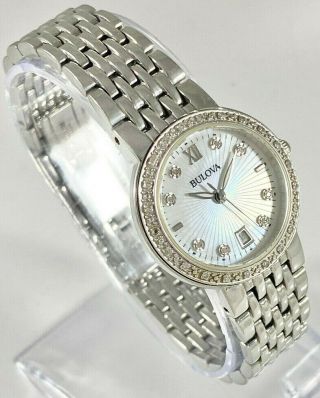 Ladies Bulova Diamond Mother Of Pearl Stainless Steel Bracelet Watch 96w203