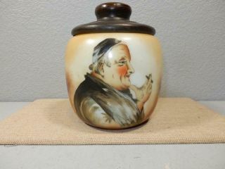 Antique Porcelain Hand Painted Tobacco Humidor W/ Brass Lid -