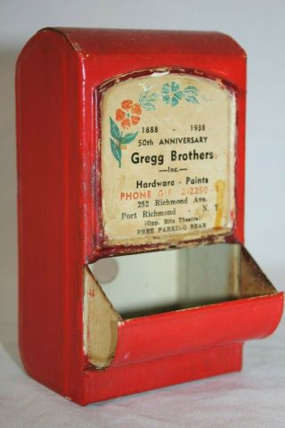 Vintage Tin Metal Wall Mount Match Box Holder W/ York Advertising 1938