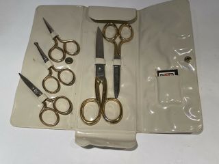 Vintage German Made Sewing Scissors 5 Pc Set Kit Palm Tree Imprint Gold Handles