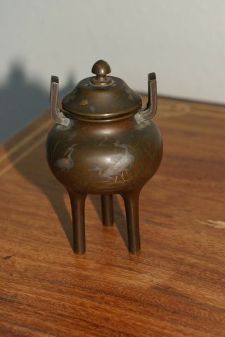 Antique Japanese Meiji Mixed Metals Miniature Incense Burner Signed