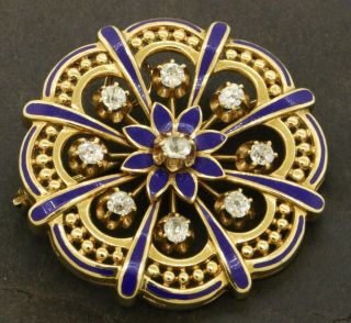 Antique Heavy 14k Gold 1.  45ctw Diamond Enamel Flower Brooch/pendant