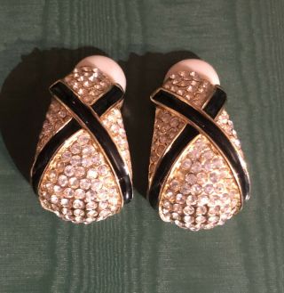 Vintage Huge Crystal Gold Plated And Black Enamel Fabulous Clip On Earrings