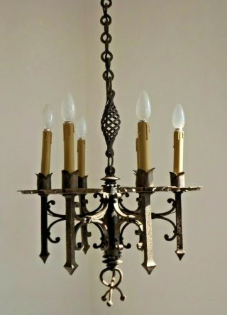 Antique French Gothic/medieval Hand Forged Wrought Iron 6 Light Chandelier 2327