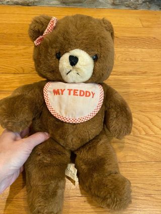 Vtg.  14 " House Of Lloyd " My Teddy " Bear Red Gingham Bow Bib Brown Plush Stuffed