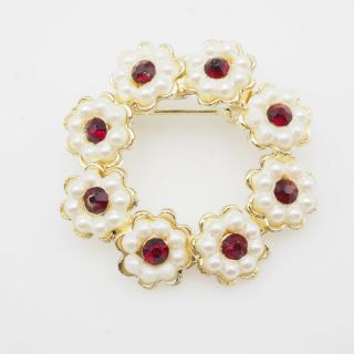 Vintage Light Gold Molded Faux Pearl Red Rhinestone Daisy Wreath Brooch Pin