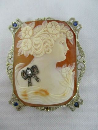 Antique 14k Gold Hand Carved Shell Cameo W Diamond & Sapphires Pendant Brooch