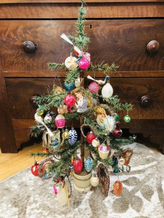 Antique German Feather Tree With Antique Ornaments