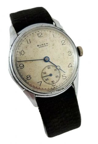 Vintage Buren Grand Prix Hand Wind Military Dial 15j Rare Swiss Mens Wrist Watch