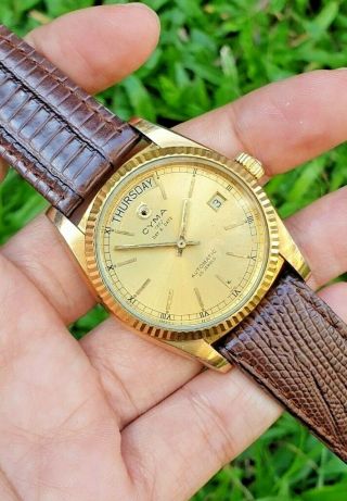 Vintage Cyma C7 President Day Date 1862 Gold Plated Automatic Swiss Mens Watch