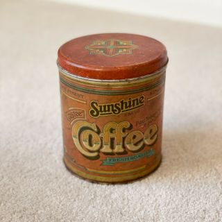 Vintage Sunshine Brand Red Tin Canister Coffee Container With Lid