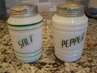 Vintage Hocking White Milk Glass Salt And Pepper Range Set Green Lettering