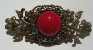 Vtg Signed By Robert Goldtone Floral Red Domed Glass Stone Brooch Pin