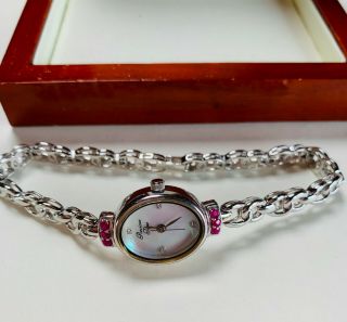 Qvc Sterling Silver Ruby Gemstone Mother Of Pearl Link Watch (precious Time)