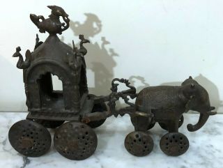 Antique Solid Bronze Large Statue Of Elephant Pulling Royal Carriage - From India