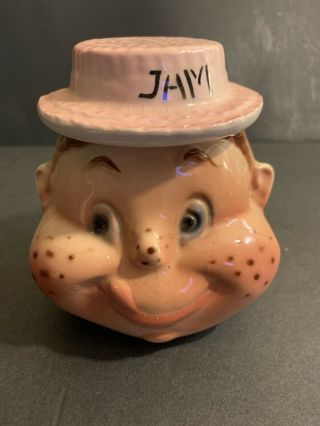 Vintage American Bisque Pottery Freckle Face Jam Jar Mid Century