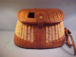 Vtg.  A.  E.  Nelson Leather & Split Willow Fly Fishing Wicker Creel Bamboo