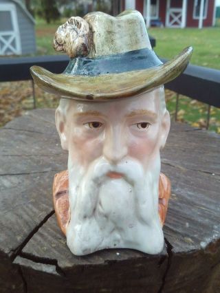 Antique Figural Pottery Humidor Or Tobacco Jar - Man With Long Beard Green Hat