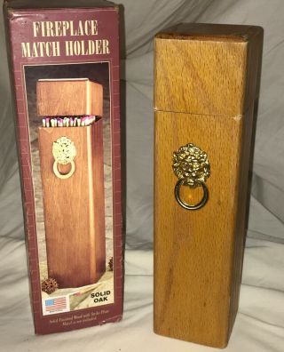 Nos Vintage Solid Oak Wood Brass Lion Head Fireplace Match Box W/striker Panel