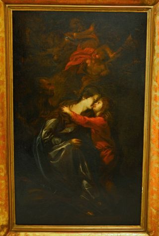 Fine Large Antique 18th Century Holy Family & Cherubs Oil On Canvas Painting