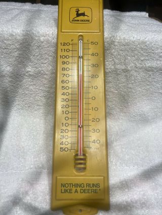 Vintage John Deere Yellow Metal Advertising Thermometer Rare Find