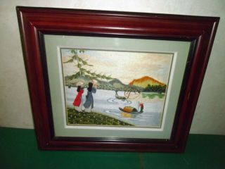 Vintage Japanese Silk Embroidery Lakeland Mountain With 2 Ladies Framed
