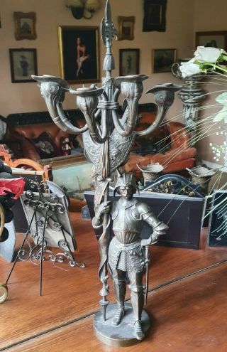 Late 19thc Large Bronze Candelabra Formed As Figure Of A Knight