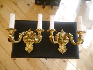 Heavy French Old 2 Lights Pair Bronze Fine Wall Lamps Sconces Brass