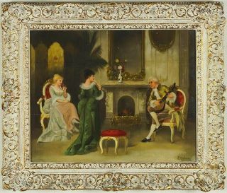 Antique Finely Done Parlor Scene Oil Painting " The Recital " - Late 19thc Signed
