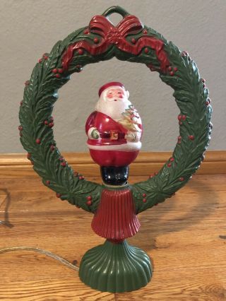 Antique Cast Iron Christmas Wreath Lamp With Santa Bulb