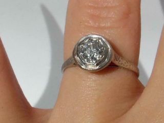 Antique Art Deco 0.  52ct Old European Cut Diamond Platinum Engagement Ring Size 6 3