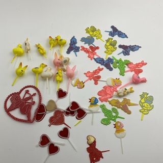 Vintage Cupcake Picks Cake Toppers Valentines Easter Baby Mixed Plastic