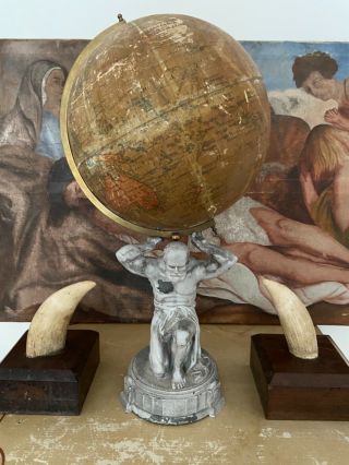Antique Geographia 10” Papier Mache Globe,  Atlas Stand,  Brass Meridian