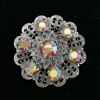 Vintage Silvertone Filigree Aurora Borealis Crystal Brooch